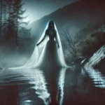 Representación de La Llorona junto a un río bajo la luz de la luna.