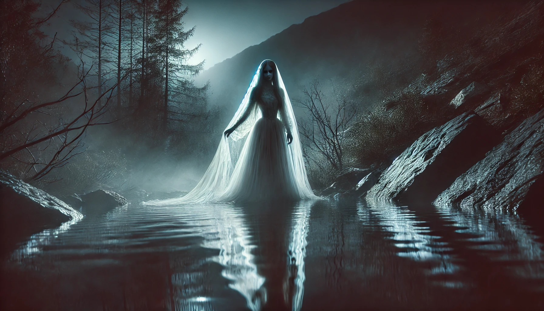 Representación de La Llorona junto a un río bajo la luz de la luna.