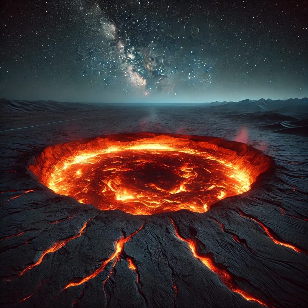 La Puerta del Infierno en Turkmenistán, un cráter ardiente iluminando el desierto bajo un cielo estrellado.