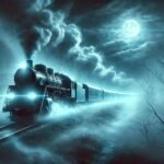 Imagen de un tren fantasma con luces azuladas moviéndose a través de un paisaje cubierto de niebla en la noche. El fondo muestra un bosque oscuro y un cielo con luna llena y nubes turbulentas, creando una atmósfera misteriosa y sobrenatural.