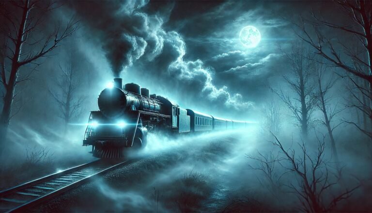 Imagen de un tren fantasma con luces azuladas moviéndose a través de un paisaje cubierto de niebla en la noche. El fondo muestra un bosque oscuro y un cielo con luna llena y nubes turbulentas, creando una atmósfera misteriosa y sobrenatural.