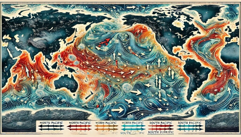 Mapa de corrientes oceánicas en el Pacífico