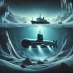 Portada del artículo 'El Misterioso Caso del Submarino Desaparecido en la Antártida (2024)', mostrando un océano helado con un submarino autónomo iluminado explorando estructuras misteriosas bajo el agua, rodeado de icebergs y un buque de investigación.